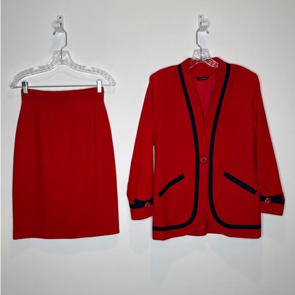 Vintage 1980s Red Navy Trim Power Suit Blazer Pencil Skirt Set Made in USA XS-S - Picture 15 of 15